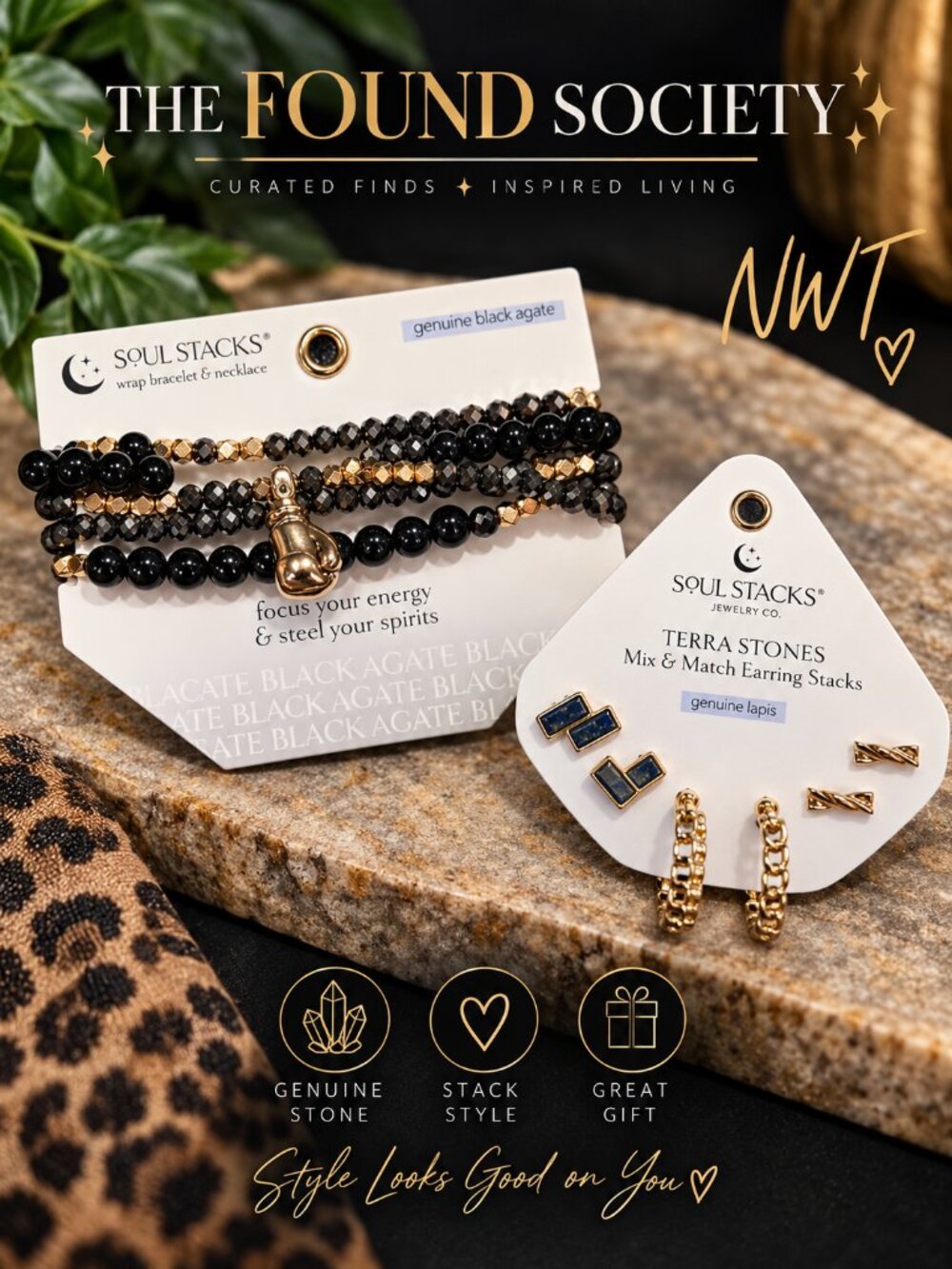 NWT Soul Stacks Black Agate Bracelet + Genuine Lapis Earring Set
